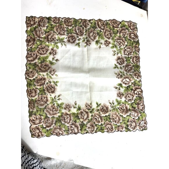 Embroidered handkerchief hankie 13 in. by 13 in. Brown and white embroidered edg - Picture 3 of 10